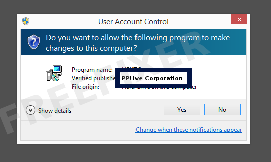 Screenshot where PPLive Corporation appears as the verified publisher in the UAC dialog